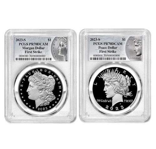 2023-S Proof $1 Morgan and Peace Silver Dollar 2pc Set PCGS PR70DCAM FS Morgan &