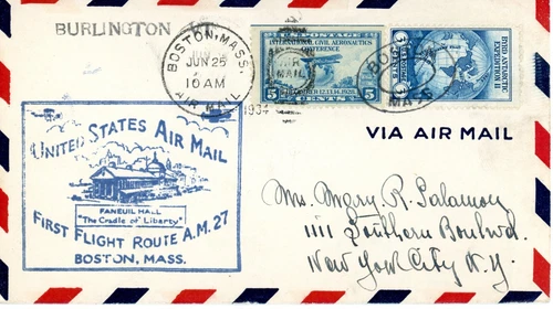 FFC CAM 1 AAMC 1N14 Boston to Burlington Vt. on to NYC Cachet 1f