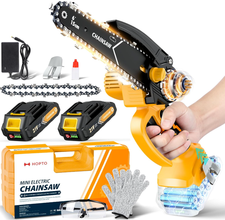 Mini motosierra 6 pulgadas con 2 baterías 2000 mAh para jardín leña y camping