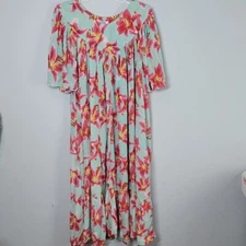 Go Softly Patio Crepe Shift trapeze tropical midi mumu dress size Small