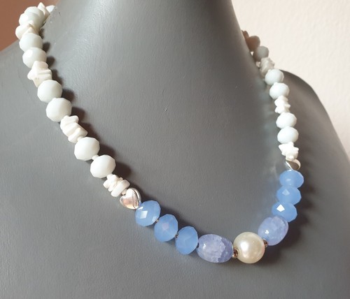 ❤🧡💛COLLANA DONNA PIETRE DURE + ORECCHINI AGATA BIANCA E PIETRE AZZURRE. PARURE - Foto 2 di 9