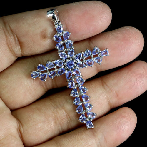 Estate 925 Pendente Argento Pera Tanzanite Naturale Gemma Croce Gioielli - Foto 2 di 13