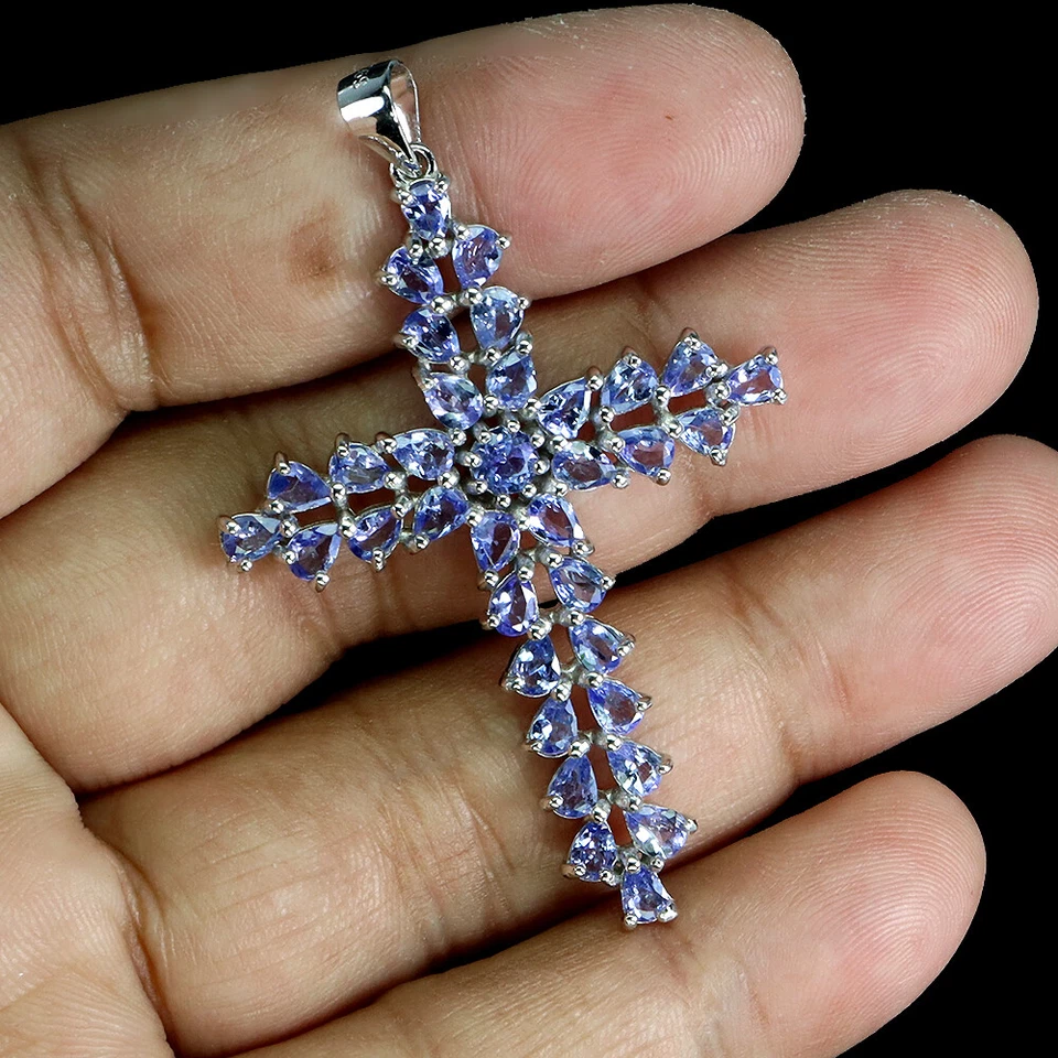 Pendente In Argento Sterling 925 Perla Tanzanite Gemma Naturale Croce Gioielli - Immagine 2 di 4