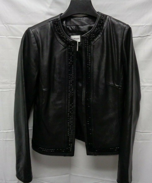 Womens Chico"s Black Leather Jacket Beaded Trim Chico's Size 0 EUC eBay
