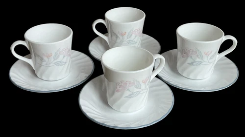 Corelle PINK TRIO 4 Sets Cups & Saucers Swirl Rim Pink Flowers Gray Leaves Trim