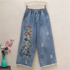 Retro Women Denim Floral Loose Pants Wide Leg Ripped Jeans Embroidery Baggy Pant