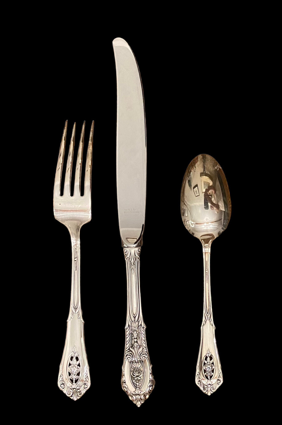 Wallace Flatware 3 Pc Set Solid Sterling Silver Rose Point Fork Knife