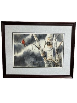 Beautiful vintg Original Kathy Kuyper watercolor art cardinal bird31 3/4x24 1/2''