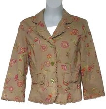 Women's Sz 12 SILK LAND Blazer Jacket Tan Multicolor Floral Paisley Embroidery