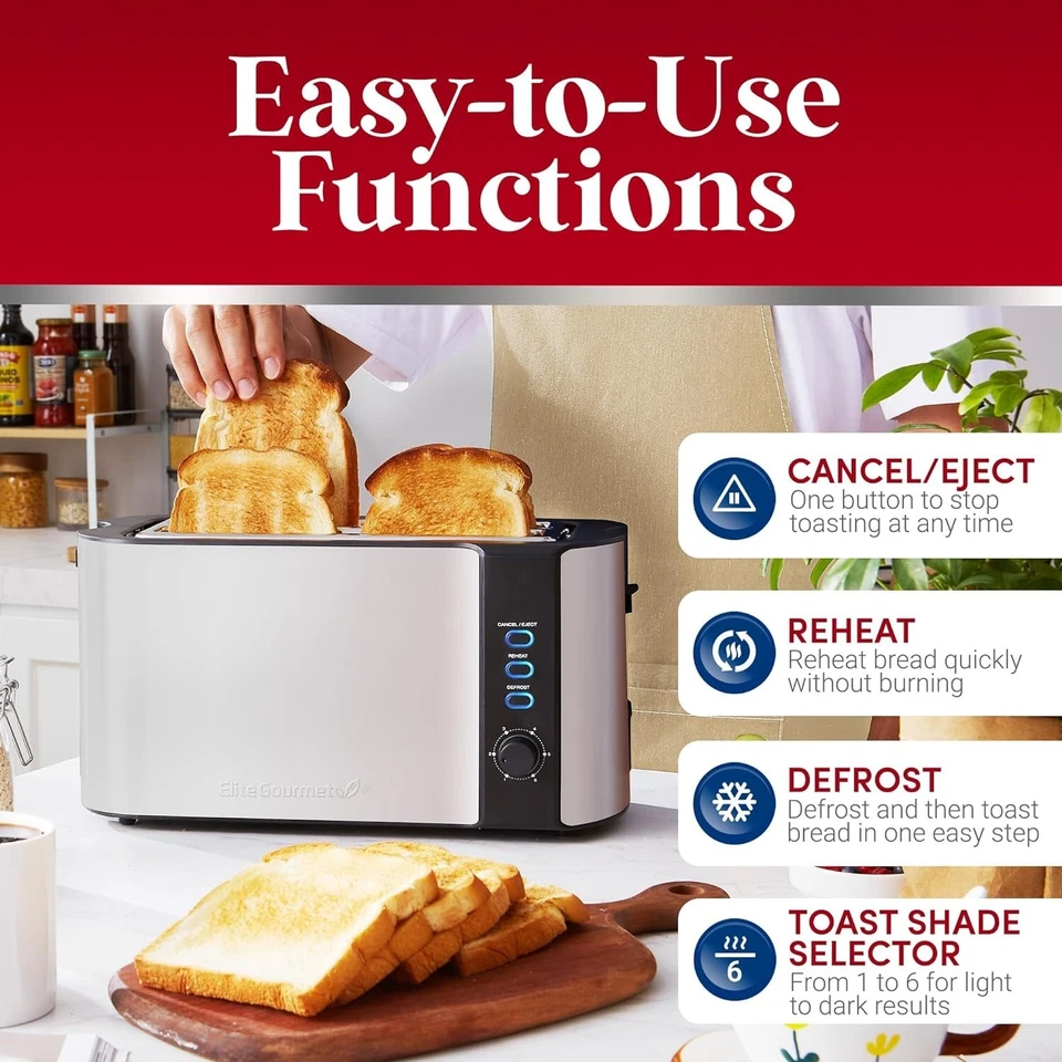 Long Slot 4 Slice Toaster, Reheat, 6 Toast Settings, Defrost, Cancel Function... - Image 3 of 4