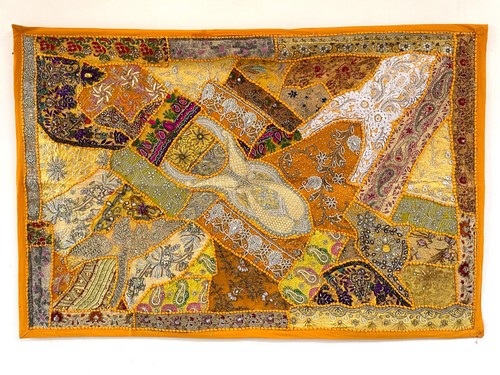 Tapisserie Indienne Brodée Main - Vintage - Patchwork Zari - Murale - Bleue