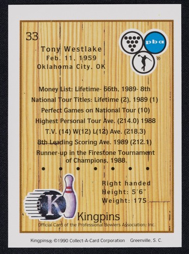 Tony Westlake Signed 1990 Kingpins Bowling Card #33 - PBA Bowler Auto - Picture 2 of 2