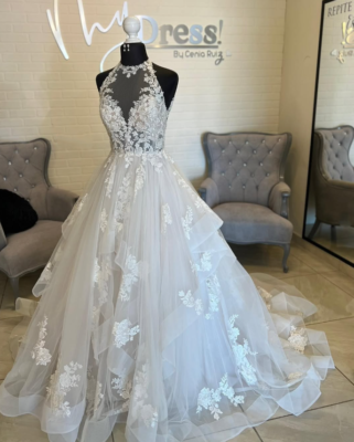 knee length dresses for ladies 2026 Lace Embroidery Bridal Dresses for Women Chiffon A-Line Halter Sleeveless Floor-Length Formal Wedding Party Gowns, Ivory