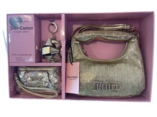 NWT Juicy Couture 3 Pc Crossbody Set Gold Hobo Bag Mirror And Wristlet
