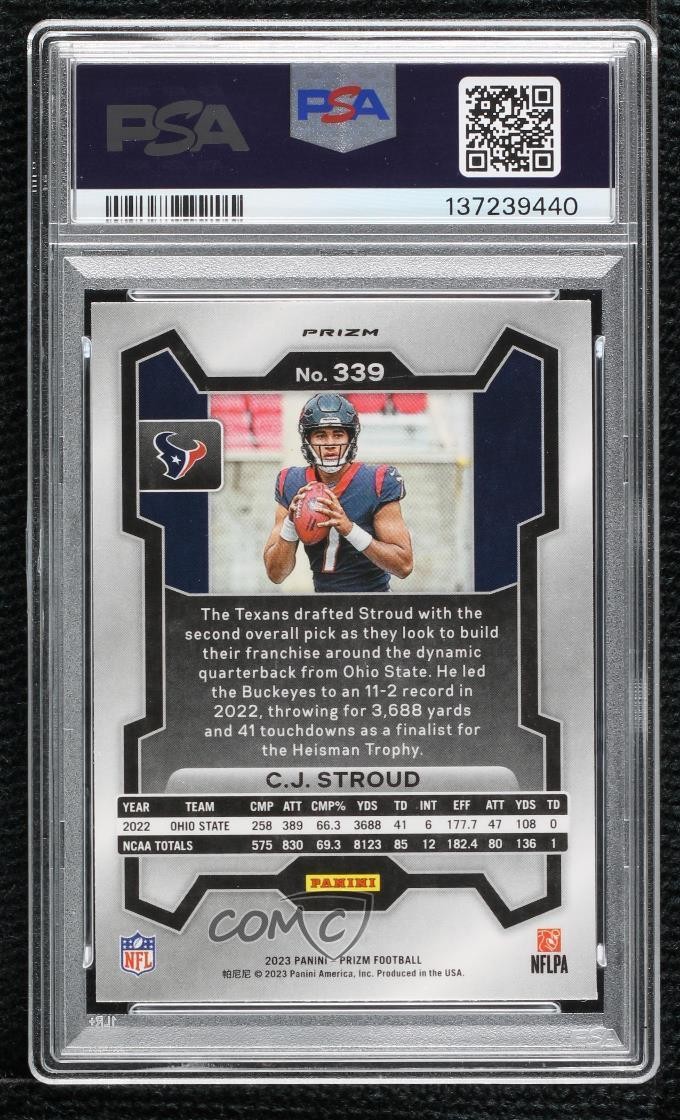 2023 Panini Prizm Rookies Lazer Prizm CJ Stroud #339 PSA 10 GEM MT Rookie RC view 2