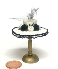 DOLLHOUSE MINIATURE LADIES WHITE LARGE BRIM HAT WITH RIBBON ROSES