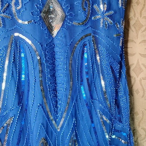1920s Flapper Dress Gasby Costume Blue Sequin Beaded Halloween Fringe Sleeveless - Picture 7 of 21