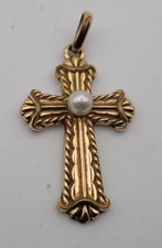 Pendentif Croix Ancienne Baroque Plaqué Or Jaune et Perle – Vintage # D7