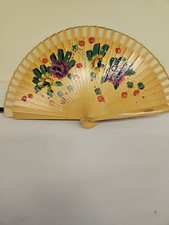 Vintage Hand Painted Florals Fan 7" Wood and Fabric. Design On Both Sides 1a
