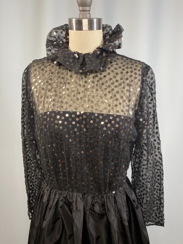 Vintage Dress SIZE SMALL black gold sequin BILL BLASSS 70s 80s ruffle high neck - Picture 3 of 12