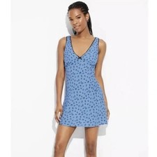Wild Fable Blue V-Neck Mini Dress with Black Floral Pattern Size XS