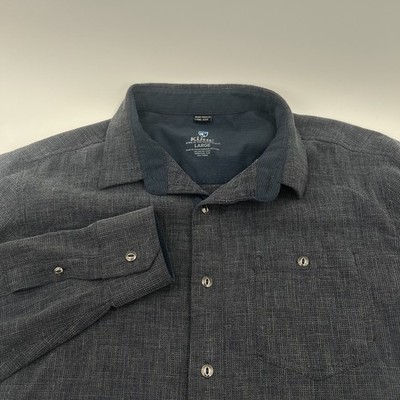 Kuhl Uproar 5 Panel Shirt Mens L Outdoor Hiking LS Navy Knit Metal Buttons EUC