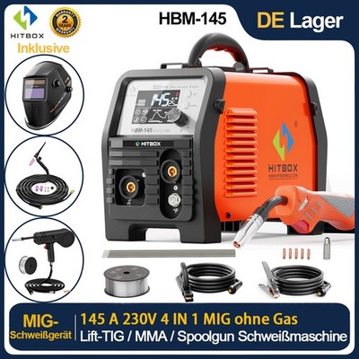 HITBOX 4in1 Schweißgerät 145A 240V MIG ohne Gas MMA w/ Lift-TIG-Brenner&Spoolgun