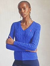 Ralph Lauren Sport Royal Blue Cotton Cable Knit V Neck Sweater Lime Pony Sz S