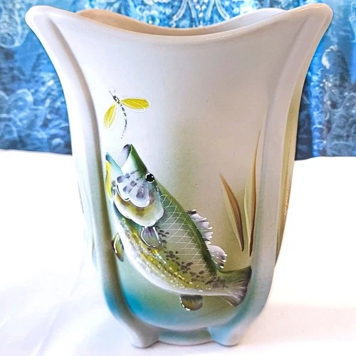 SALE Fenton SALE Handpainted Artist Signed Limited Ed Bass Fishin' Vase New SALE