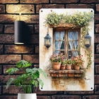 Rustic Window Potted Plants Tin Sign Aluminum Farmhouse Wall Art Vintage Home