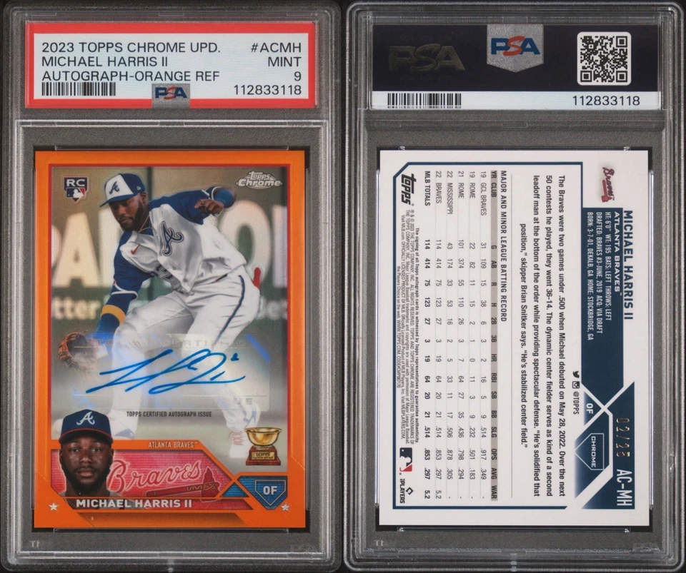 2023 Topps Chrome Update MICHAEL HARRIS II (RC) Orange /25 Refractor Auto PSA 9 - Image 3 of 3