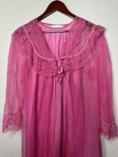 Vintage Peignoir Dreamwear Lingerie Set Robe Night Gown Medium Pink Lace Floral