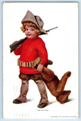1917 Delighted Child Hunter With Teddy Bear Signed White Plains NY Postcard