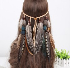 Indian Feather Headband Handmade Weave Feathers Hair Rope Headpiece Hiairband