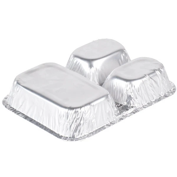 Disposable Aluminum Three Compartment oblong Foil Tray with Aluminum Lid - Image 2 of 4