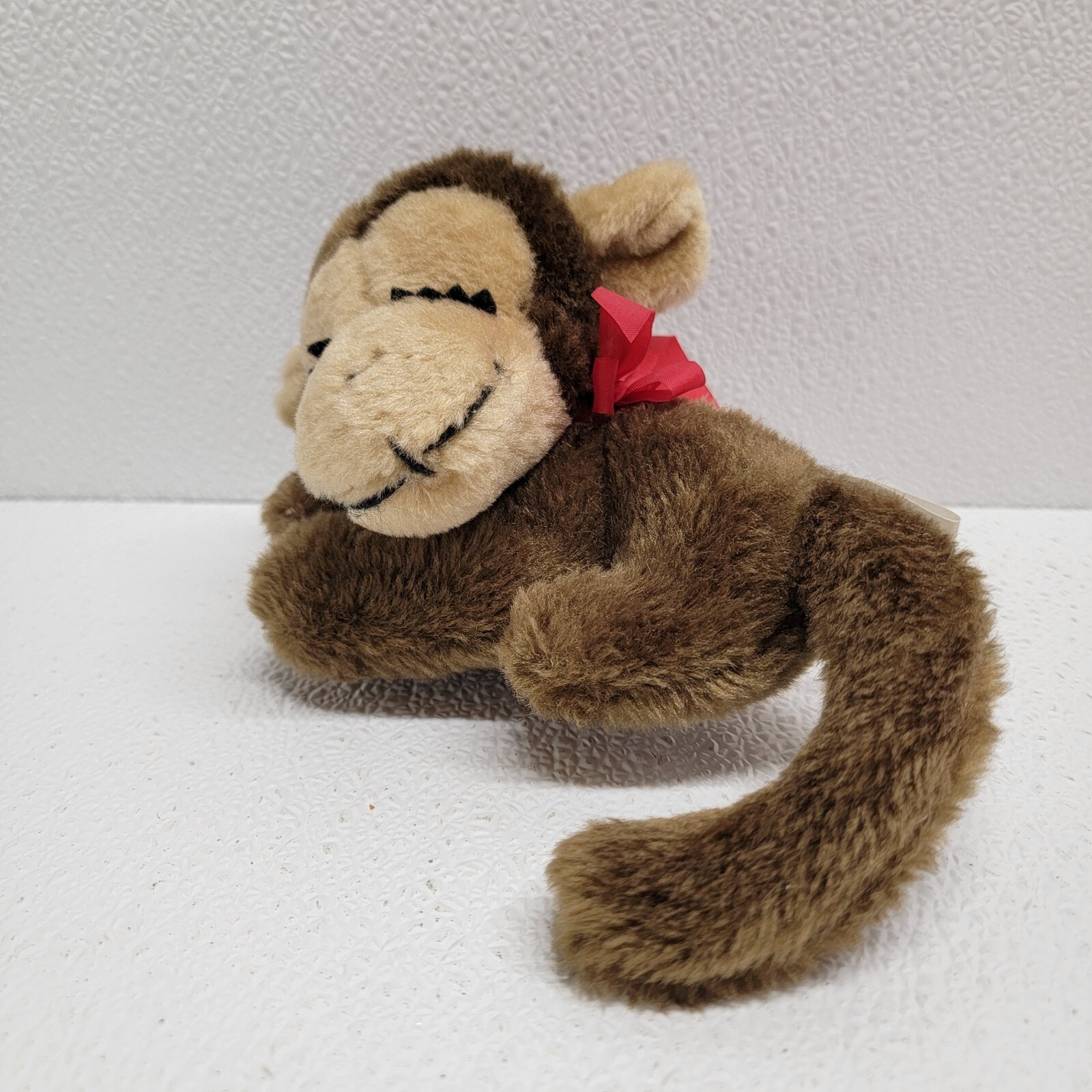 Vintage 1977 Russ Sidney Sleeping Brown Monkey Plush Red Ribbon 6"