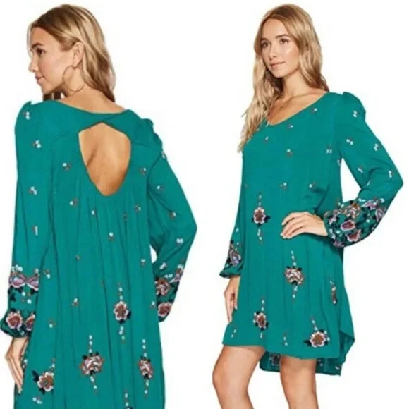 Free People Oxford Embroidered Shift Dress - Green Xs