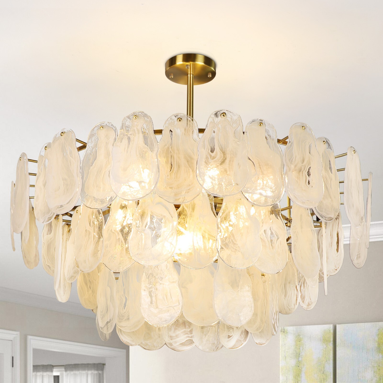 32-Inch Round 12-Light Flush Mount Ceiling Fixture with 3-Tier Cloud Glass Design-image