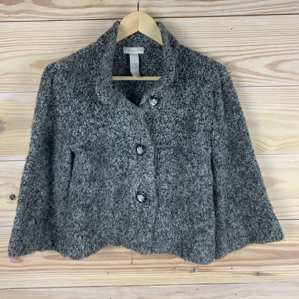 Suéter Tweeds Mujer Pequeño Recortado Gris Mármol Manga 3/4 Cárdigan Preppy Foto 4 de 4