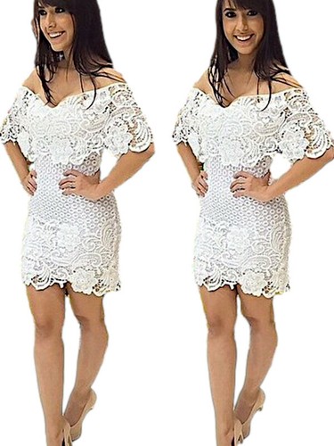 Abito corto donna vestito pizzo bianco macramè scollo carmen Balza spalle  nude | eBay