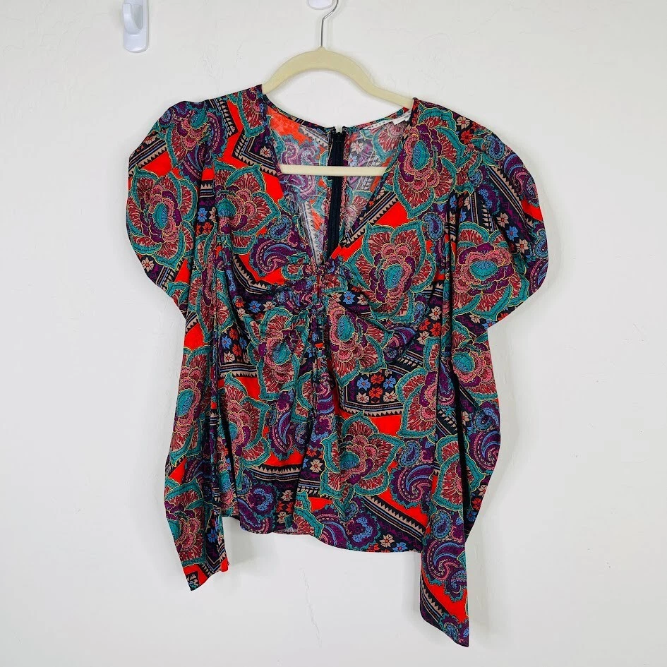 Blusa de seda Veronica Barba Mujer XS Talla 2 Top Botón Floral Paisley Manga abullonada Foto 2 de 4