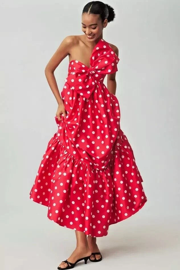 NWT Anthropologie Women XS ATSU Sally Bow Red Dots Event Party Gown Maxi Dress