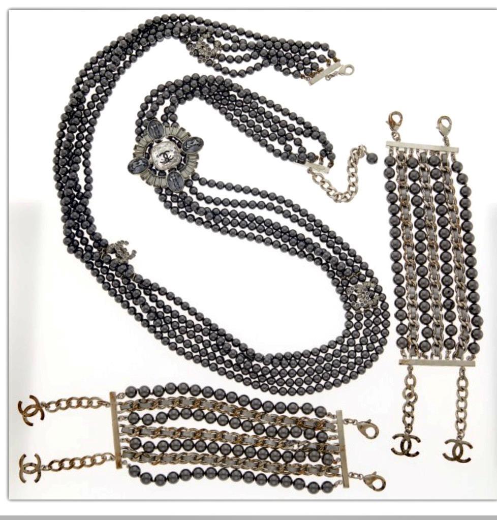 Chanel CC Multistrand Black Pearl Rhinestone Necklace And 2