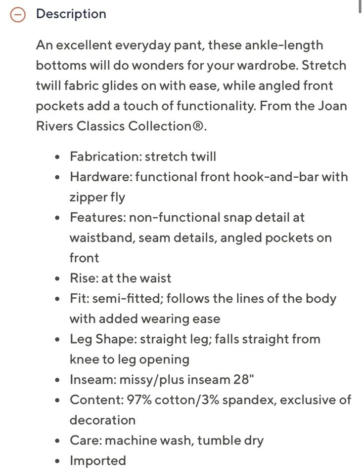 Pantalones al tobillo Joan Rivers de sarga elástica de pierna recta con costuras talla 16 marrón Foto 2 de 4