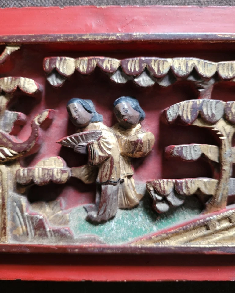Antique Chinese Carved Red Gilt Painted Wood Panel - Image 4 of 4