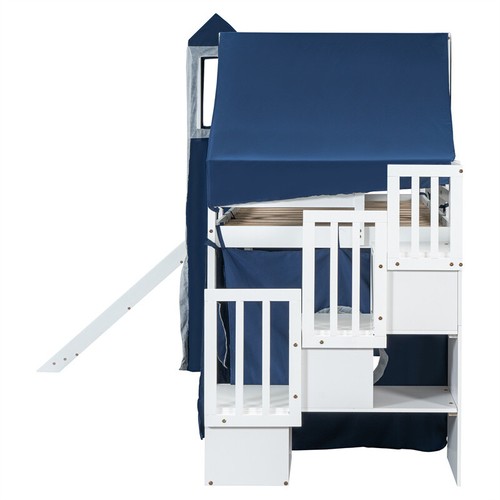 Twin Size Wood Loft Bed with Slide,Tent, Tower & Storage Staircase for Kids Blue - Picture 13 of 18