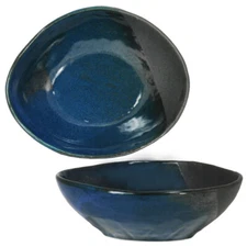 Japanese Rice Soup Bowl 6"L Offshape Ceramic Namako Blue Black Matte JAPAN MADE