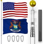 20 Ft Telescoping Flagpole Silver & American and Michigan Flags Emb 300D 3x5Ft