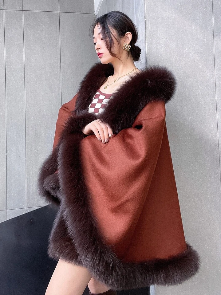 Womens Wool Cashmere Shawl Ponchos Real Fox Fur Trim Around Cape Fur Shawl Wraps - Image 4 of 4
