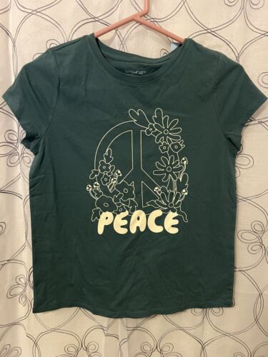 Cat & Jack Girls Dusty Green Peace Short Sleeve Shirt Size L (10/12) Plus